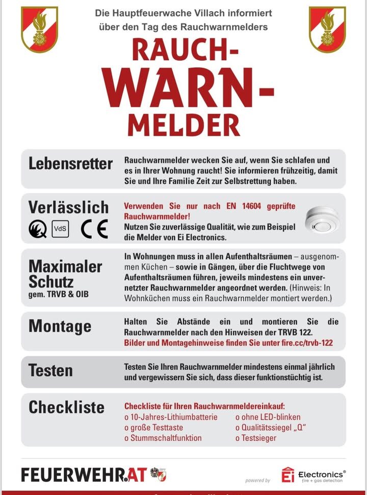 🔥 Tag des Rauchwarnmelders – die HFW Villach informiert Rauchmelder – auch Home-Melder genannt – sind in Kärnten seit de